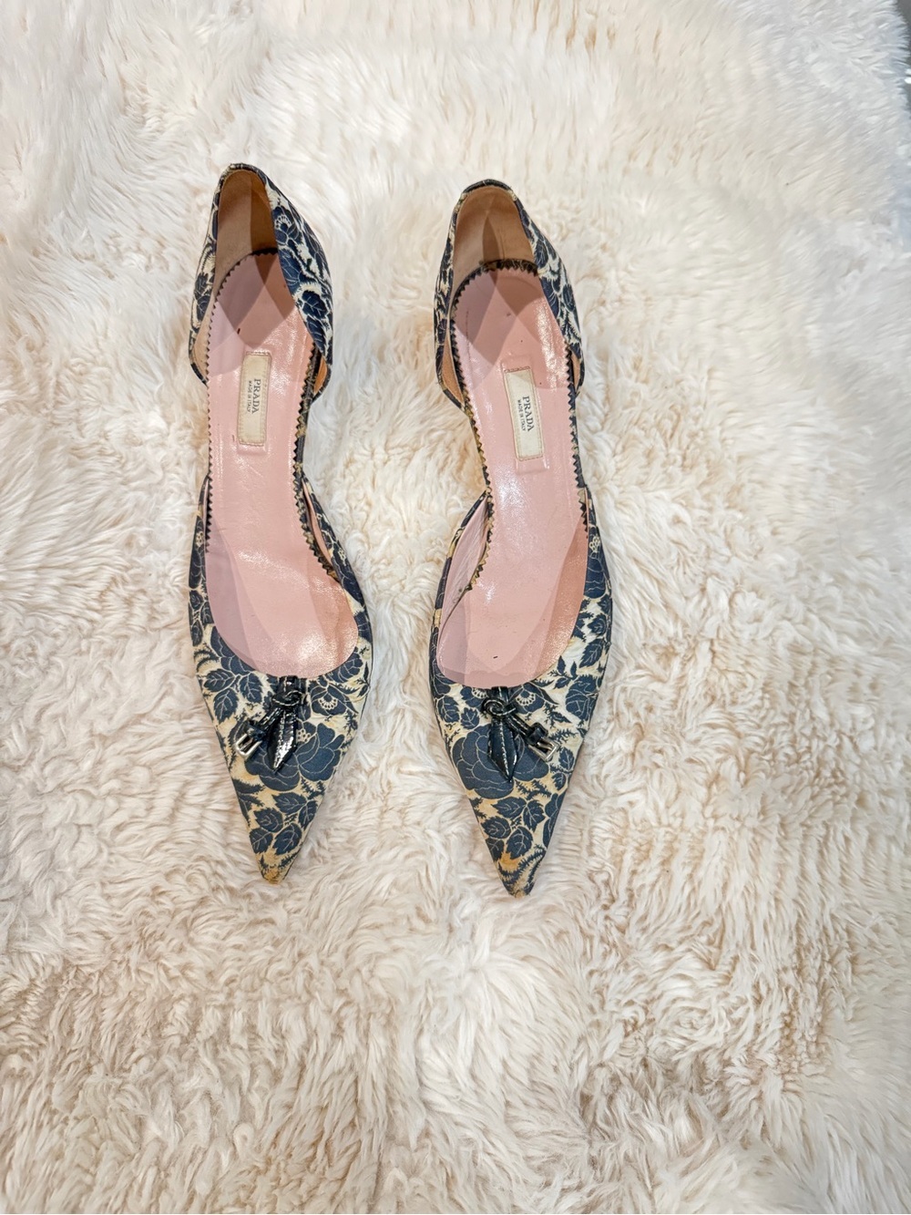 Prada Navy Floral Pointed-Toe Flats with Pink Insole